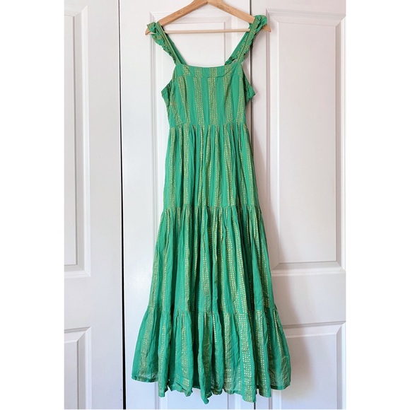 Oliphant Maxi Dress Cotton Green Metallic Polka Dot Smocked Back Small Boho - Picture 1 of 7